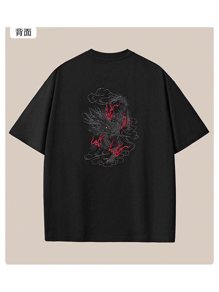 Summer New 260g Heavyweight Pure Cotton Short Sleeve T-shirt Men Chinese Style Embroidery Loose Shoulder Large Size Men's Clothing Wholesale