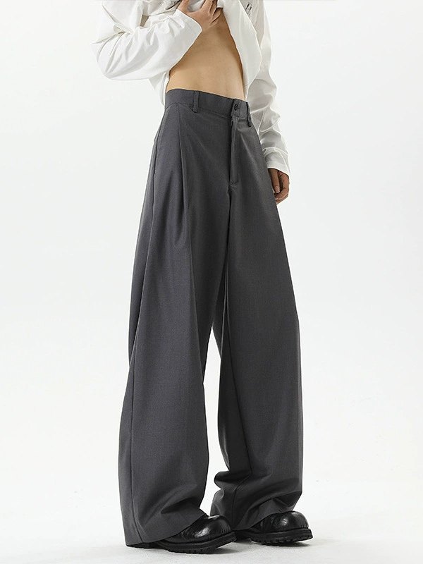 Men's Black Pleated Suit Pants Spring Autumn Drape Loose Wide Leg Casual Pants Trendy American High Street Straight Trousers