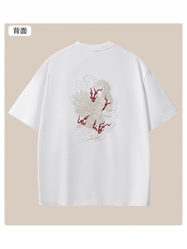 Summer New 260g Heavyweight Pure Cotton Short Sleeve T-shirt Men Chinese Style Embroidery Loose Shoulder Large Size Men's Clothing Wholesale