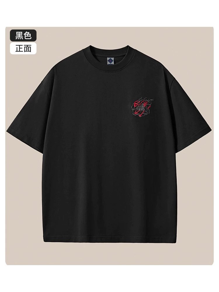 Summer New 260g Heavyweight Pure Cotton Short Sleeve T-shirt Men Chinese Style Embroidery Loose Shoulder Large Size Men's Clothing Wholesale