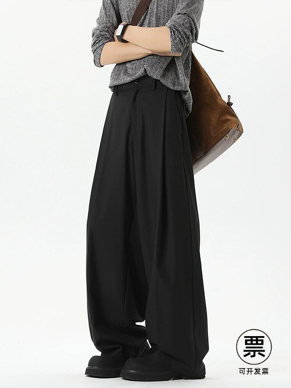 Men's Black Pleated Suit Pants Spring Autumn Drape Loose Wide Leg Casual Pants Trendy American High Street Straight Trousers