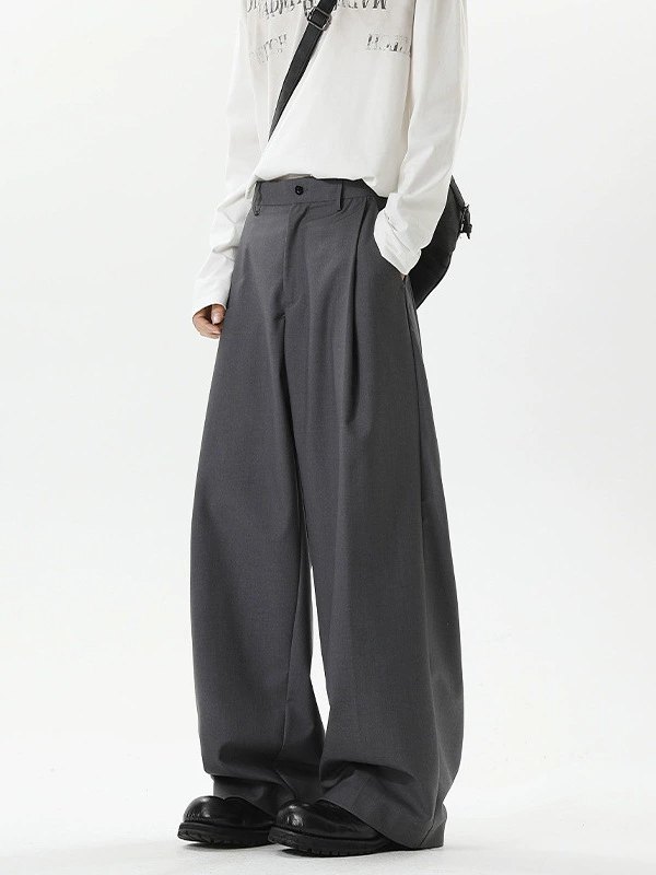 Men's Black Pleated Suit Pants Spring Autumn Drape Loose Wide Leg Casual Pants Trendy American High Street Straight Trousers