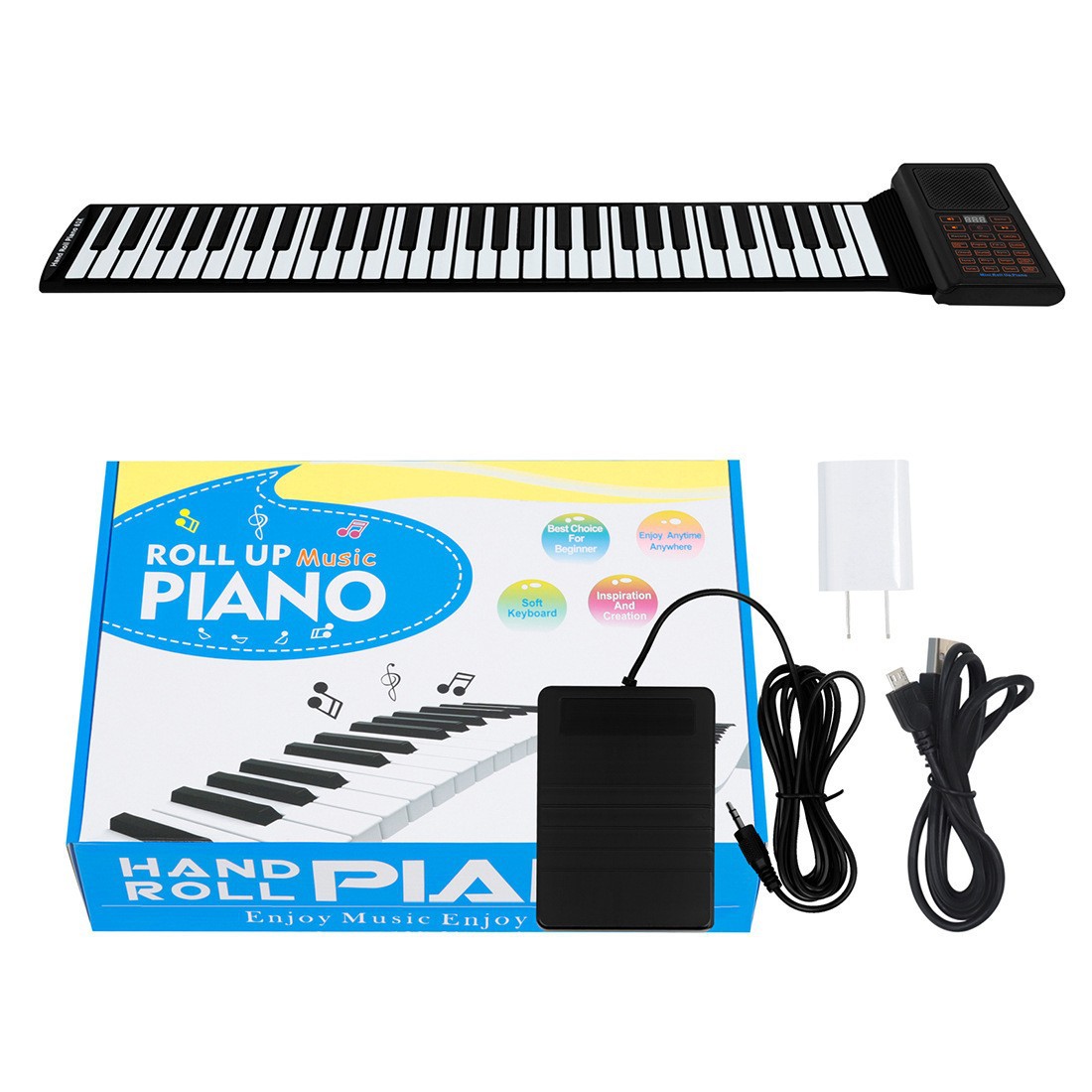 Portable 61-Key Roll Up Piano, Silicone Electronic Keyboard for Kids and Beginners with MIDI
