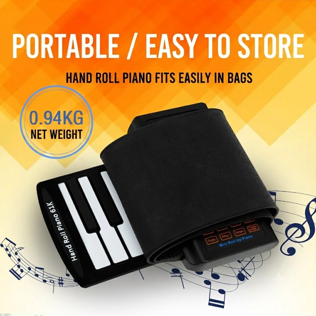 Portable 61-Key Roll Up Piano, Silicone Electronic Keyboard for Kids and Beginners with MIDI