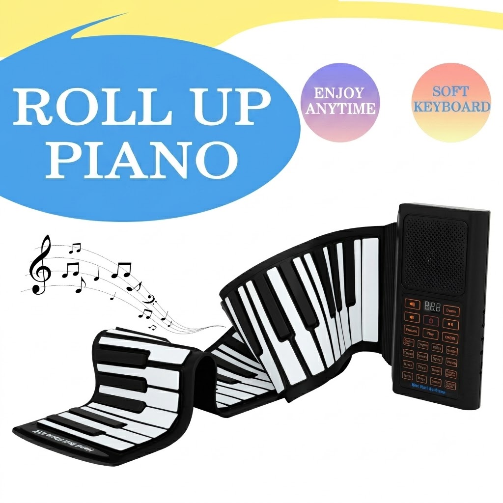Portable 61-Key Roll Up Piano, Silicone Electronic Keyboard for Kids and Beginners with MIDI