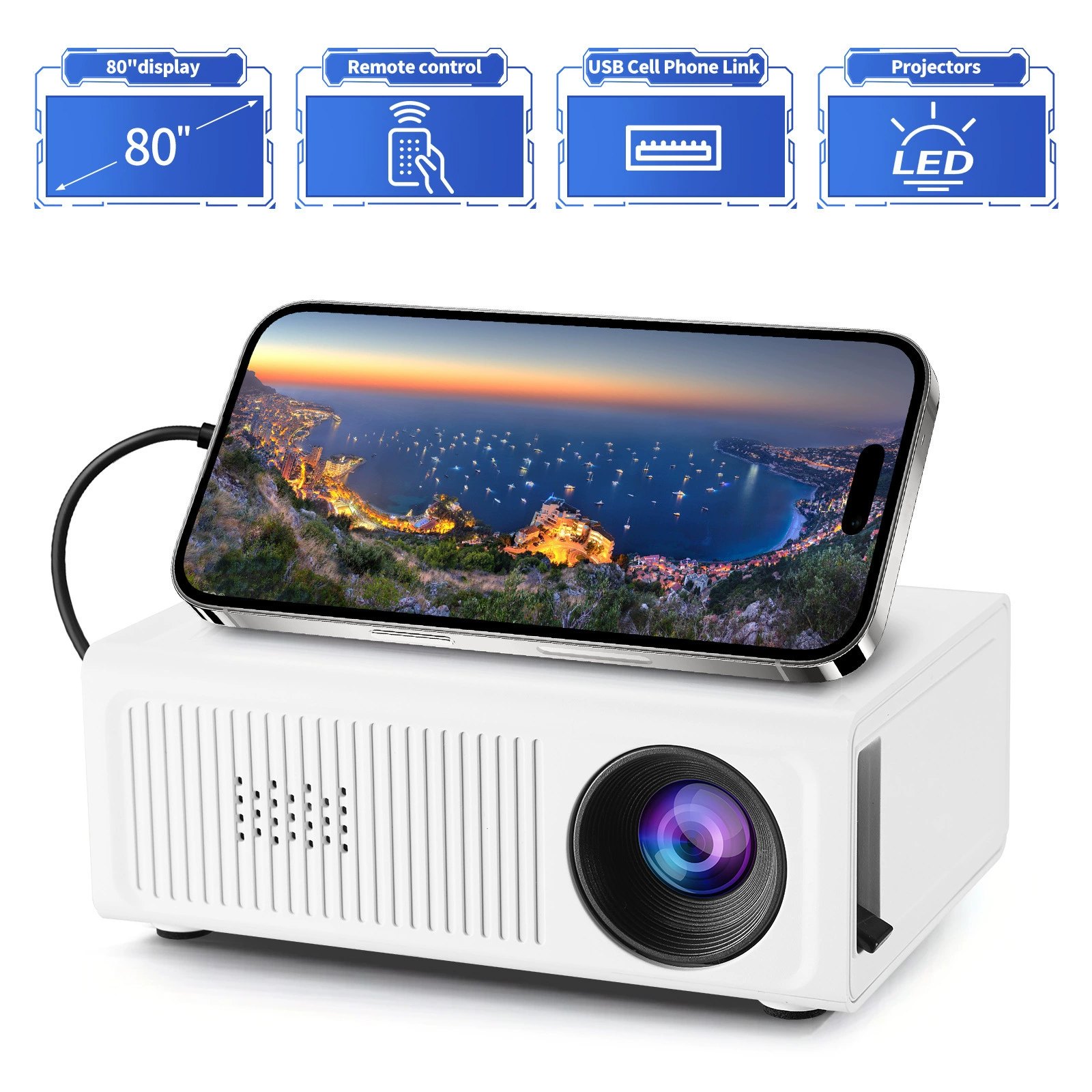 YG300 Mini Portable LCD Projector, Home Cinema Smart Video Projector, 240P Resolution, 100cm Screen, USB/UK/EU/AU Plug, Yellow-White/Black-White/Blue-White/White/Black, for Family Entertainment