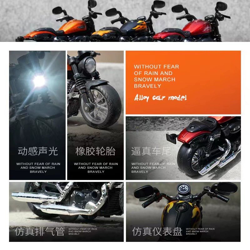 Diecast Motorcycle Model Toy with Lights and Sound, Pull Back Action, 1:12 Scale, Gift for Boys 3+ Years, Alloy Police Bike, Harley, Kawasaki, Ducati, Orange, Red, Blue, Black, White
