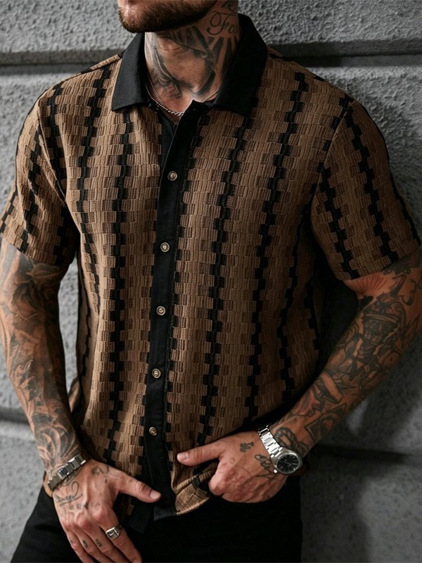 Men's Casual Summer Short Sleeve Shirt Retro Plaid Knit Top Breathable Quick-Dry Polyester, S-XXL