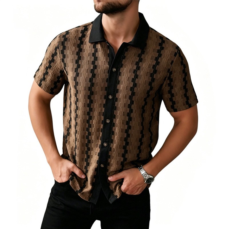 Men's Casual Summer Short Sleeve Shirt Retro Plaid Knit Top Breathable Quick-Dry Polyester, S-XXL