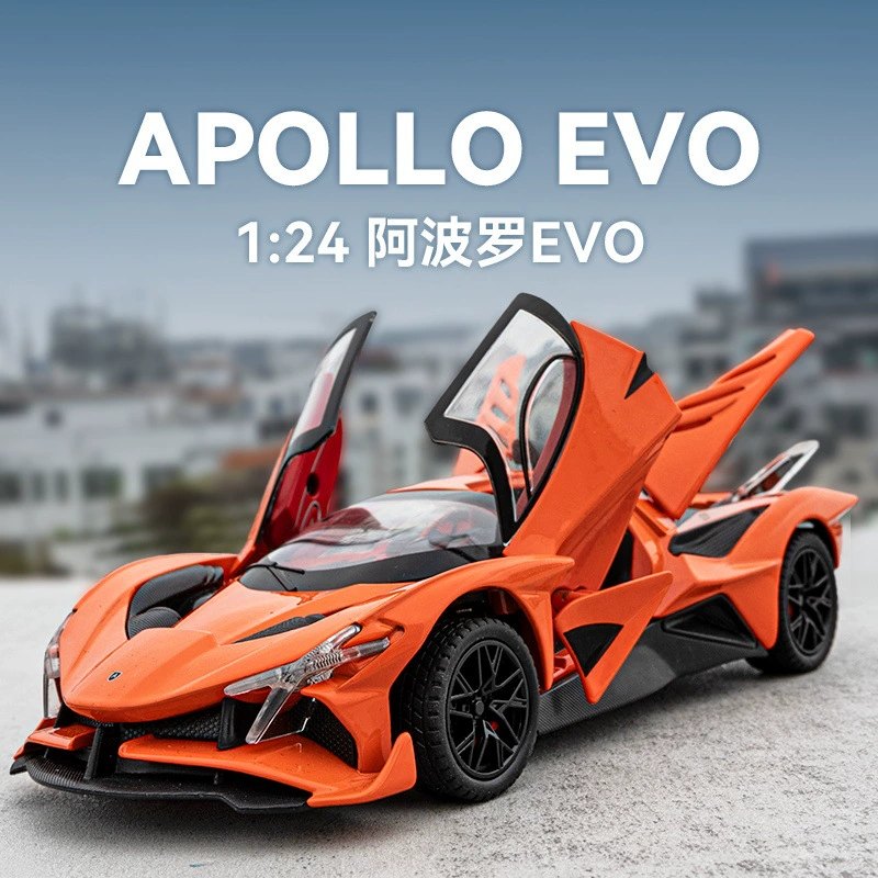 1:24 Apollo EVO Die-Cast Alloy Toy Car Model, Realistic Sports Car Replica, Cool Collectible Display Piece, Gift for Boys, Orange White Blue Black