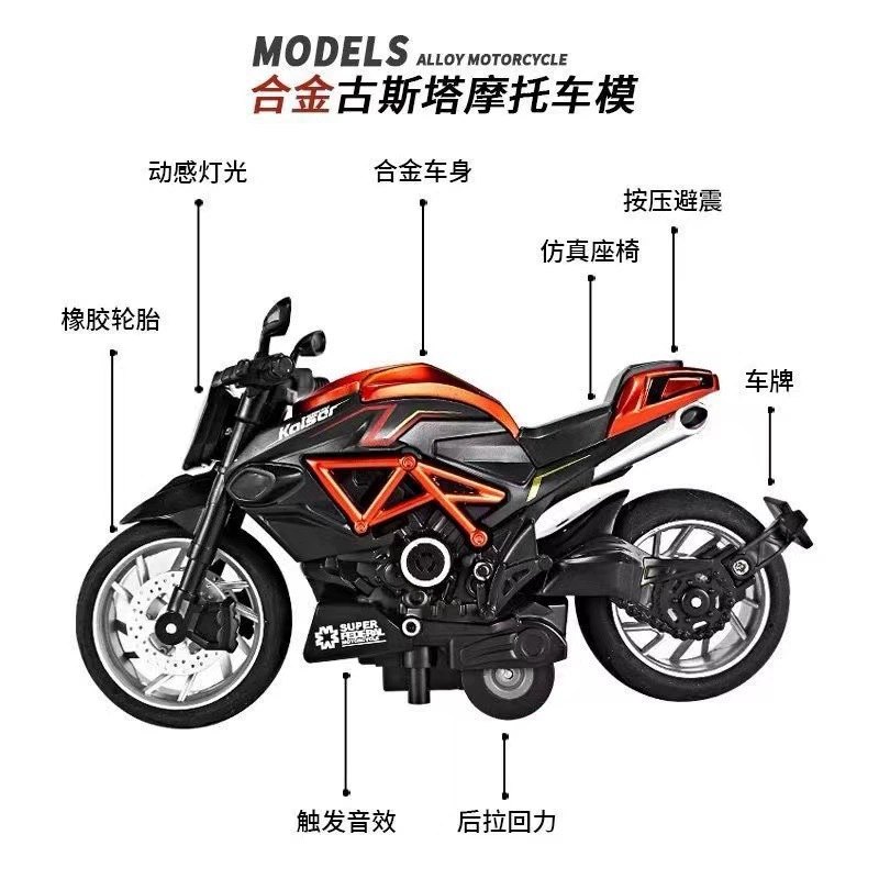Diecast Motorcycle Model Toy with Lights and Sound, Pull Back Action, 1:12 Scale, Gift for Boys 3+ Years, Alloy Police Bike, Harley, Kawasaki, Ducati, Orange, Red, Blue, Black, White