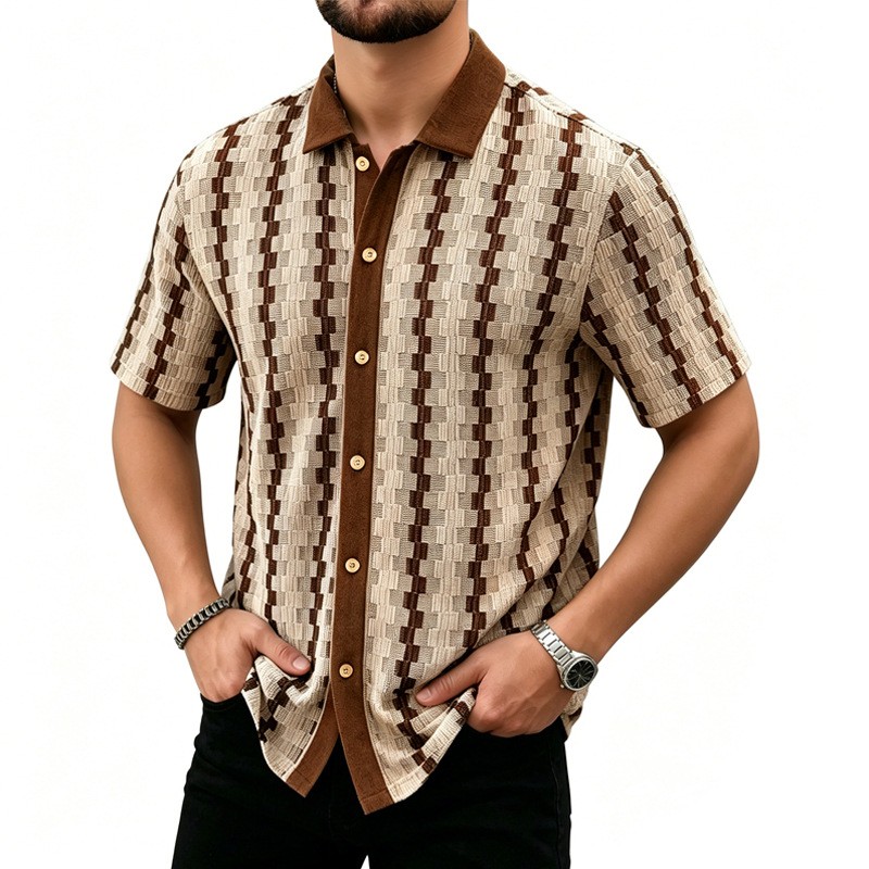 Men's Casual Summer Short Sleeve Shirt Retro Plaid Knit Top Breathable Quick-Dry Polyester, S-XXL