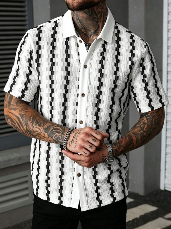 Men's Casual Summer Short Sleeve Shirt Retro Plaid Knit Top Breathable Quick-Dry Polyester, S-XXL