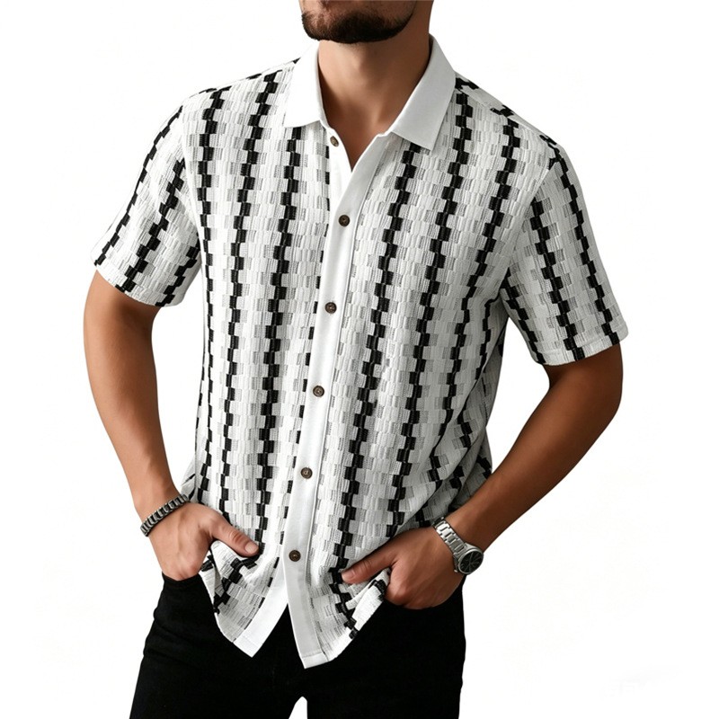 Men's Casual Summer Short Sleeve Shirt Retro Plaid Knit Top Breathable Quick-Dry Polyester, S-XXL
