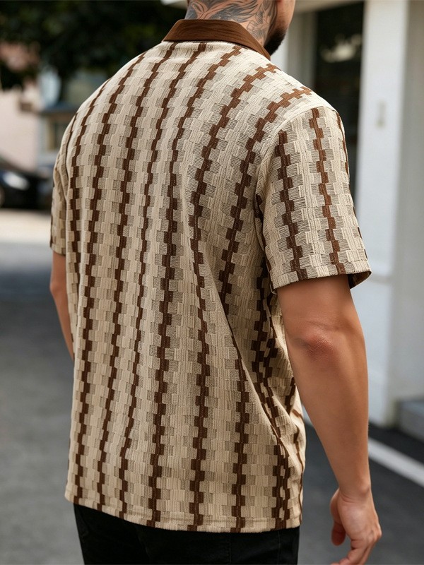 Men's Casual Summer Short Sleeve Shirt Retro Plaid Knit Top Breathable Quick-Dry Polyester, S-XXL