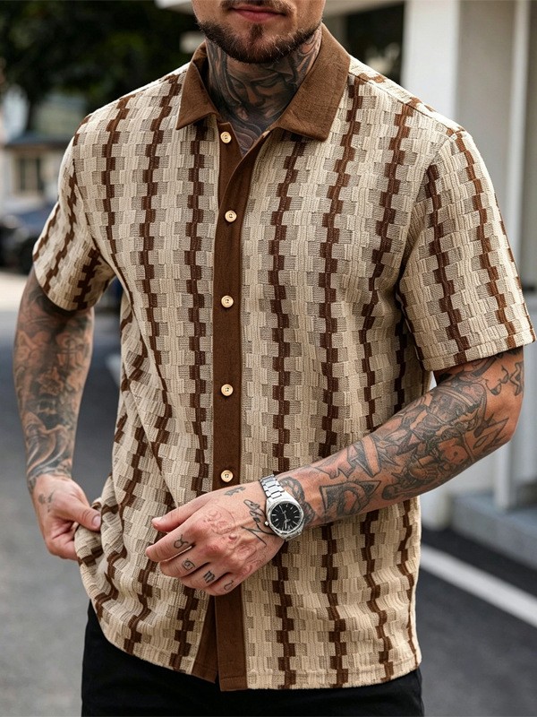 Men's Casual Summer Short Sleeve Shirt Retro Plaid Knit Top Breathable Quick-Dry Polyester, S-XXL