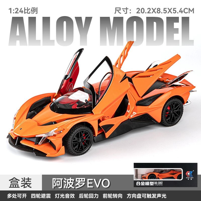 1:24 Apollo EVO Die-Cast Alloy Toy Car Model, Realistic Sports Car Replica, Cool Collectible Display Piece, Gift for Boys, Orange White Blue Black