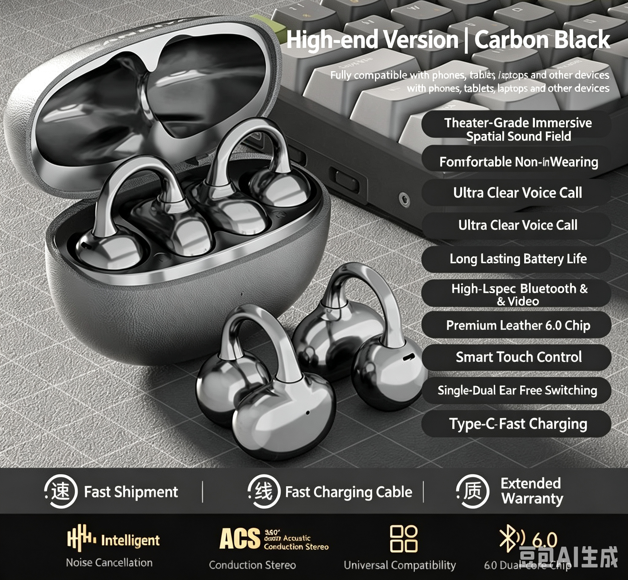 Clip on Bluetooth earphones Bluetooth 6.0 with positioning function for noise reduction suitable for all smartphones