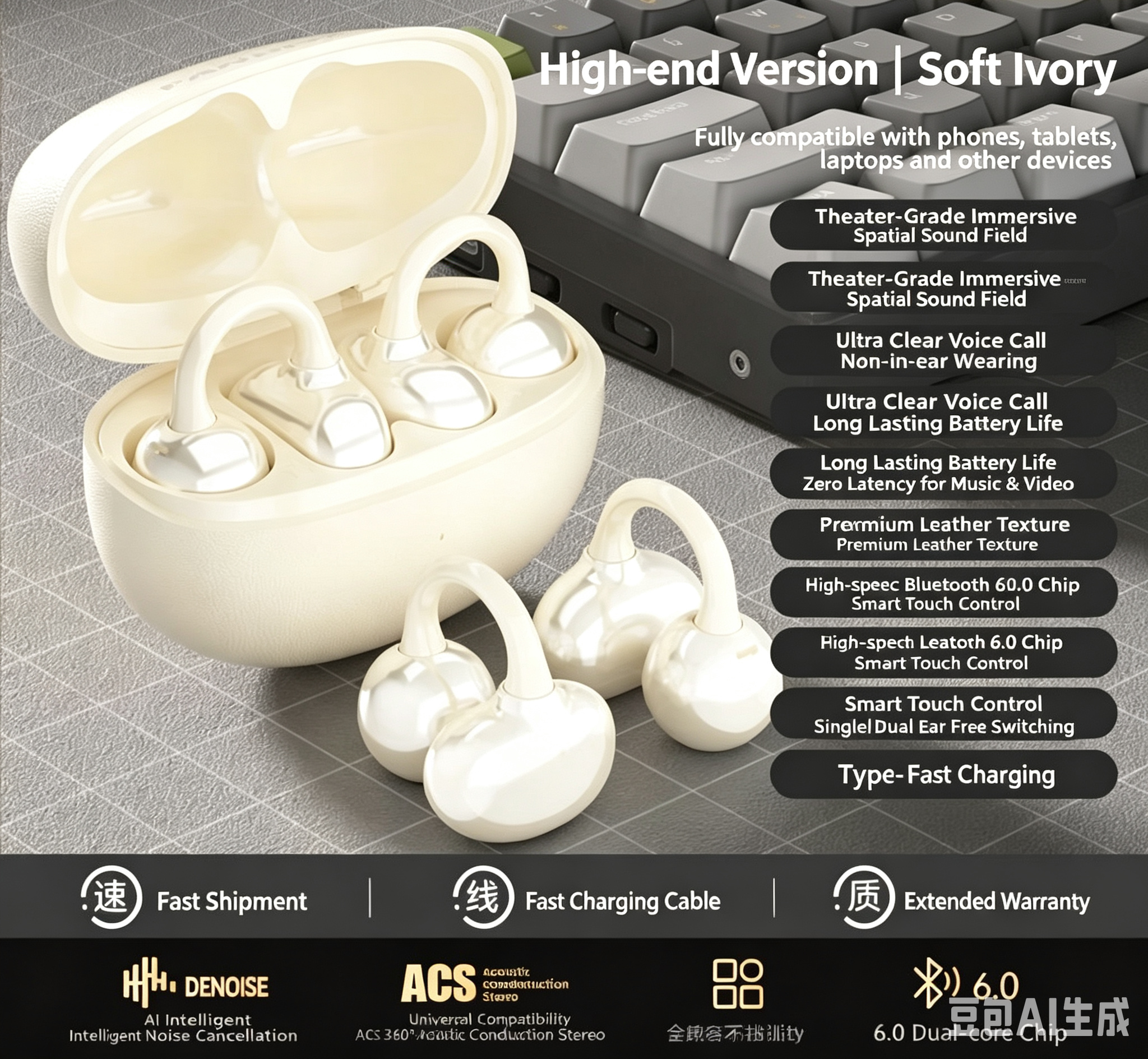Clip on Bluetooth earphones Bluetooth 6.0 with positioning function for noise reduction suitable for all smartphones