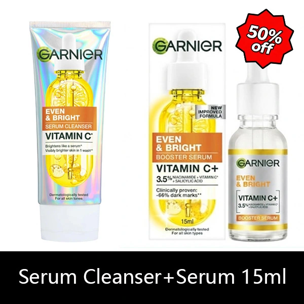 【New Combo】Garnier Even & Bright Vitamin C Brightening Kit：Vitamin C Serum Cleanser 100ml + Brightening Booster Face Serum 15ml