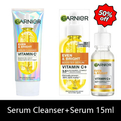 【New Combo】Garnier Even & Bright Vitamin C Brightening Kit：Vitamin C Serum Cleanser 100ml + Brightening Booster Face Serum 15ml