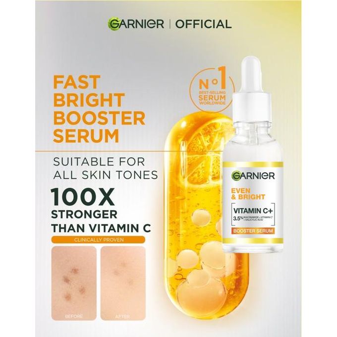 【New Combo】Garnier Even & Bright Vitamin C Brightening Kit：Vitamin C Serum Cleanser 100ml + Brightening Booster Face Serum 15ml