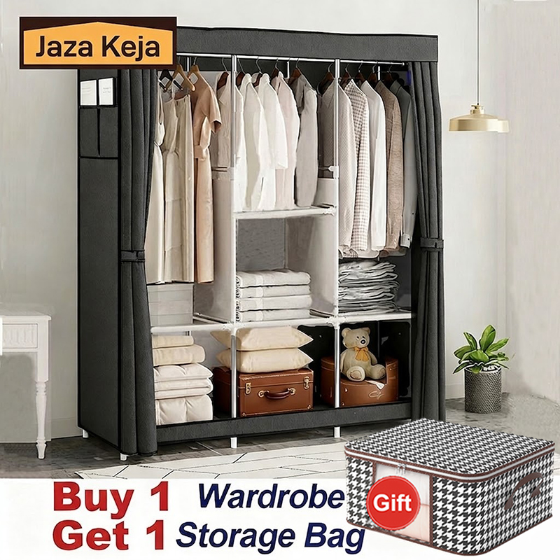[Gift] Jaza Keja 105cm Portable 3 Columns Wardrobe Closet Clothes Metallic Organizer Non-Woven Fabric Cover with 6 Storage Shelves 2 Hanging Sections