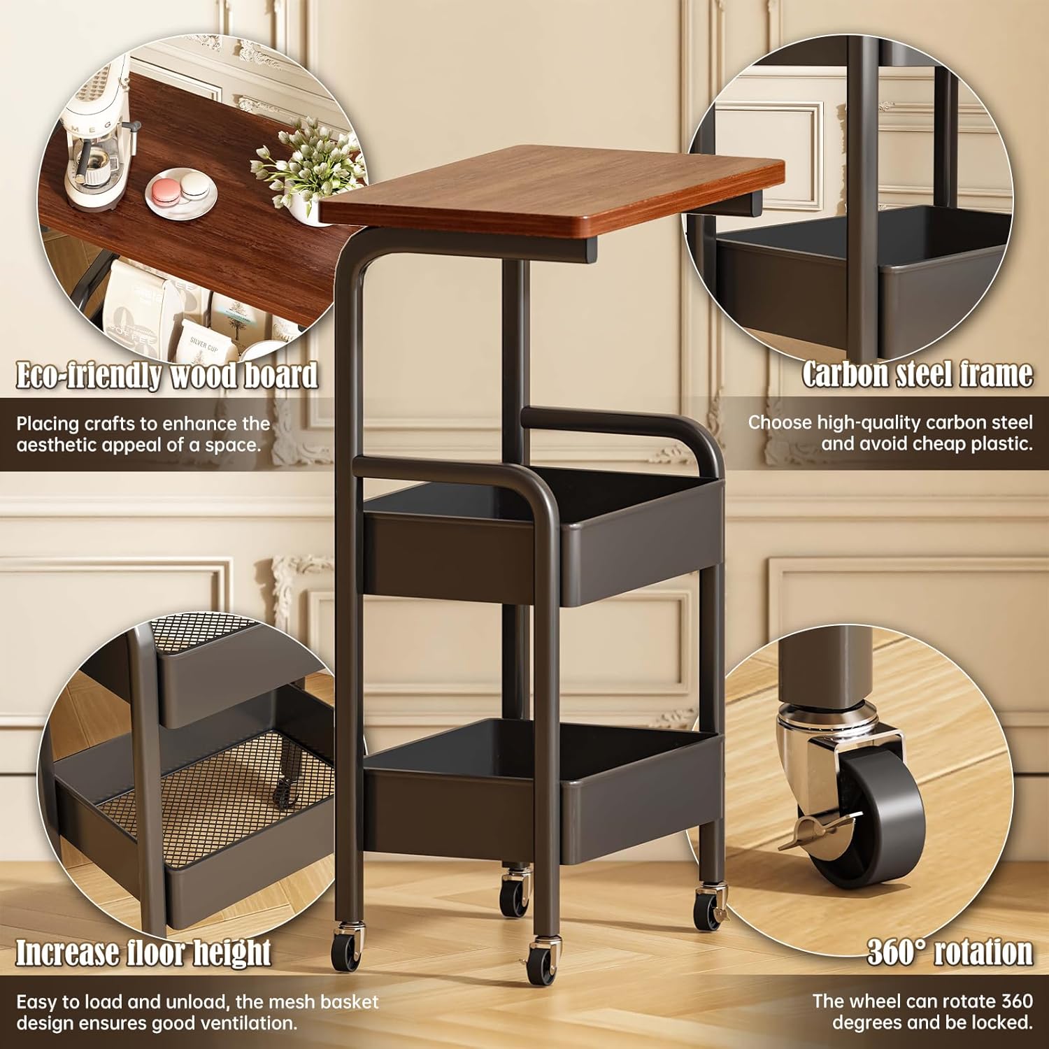 [New]Jaza Keja 3 Layer Rolling Storage Cart with Wooden Desktop-Versatile Metal Organizer ForKitchen Office Organizer Storage Cart,Standing Shelf