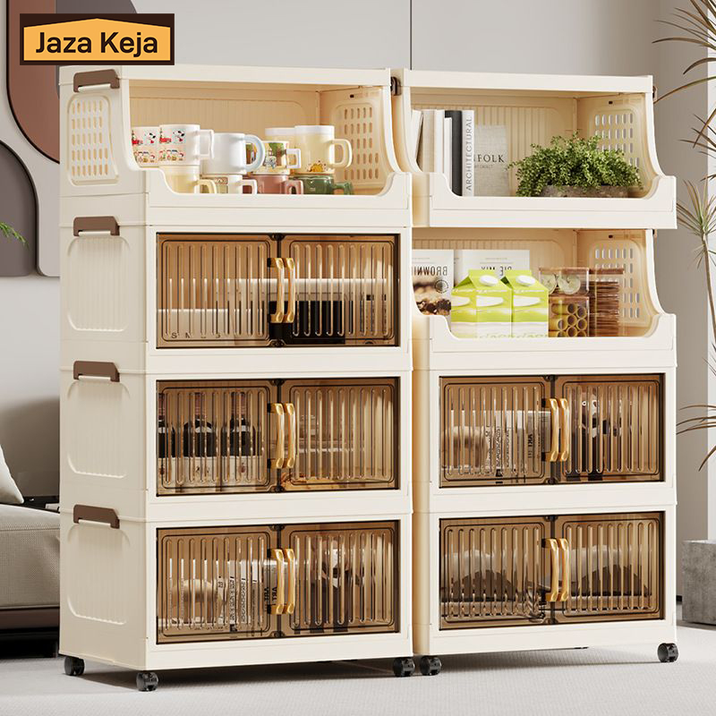 [New]Jaza Keja Stackable Storage Bins with Lids Rack 4 Tier Large Capacity Foldable Storage Cabinet Clear Collapsible Pantry Organizer for Home, Kitchen, Bathroom, Dorm, Office