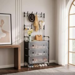[New]Jaza Keja Upgraded 63cm 4 5 Layer Shoe Shelf Coat Hat Rack with Dustproof Cover for Closet Entrance Shoe Rack Organizer with Hooks Entryway Shoe Holder Space Saving Free Standing