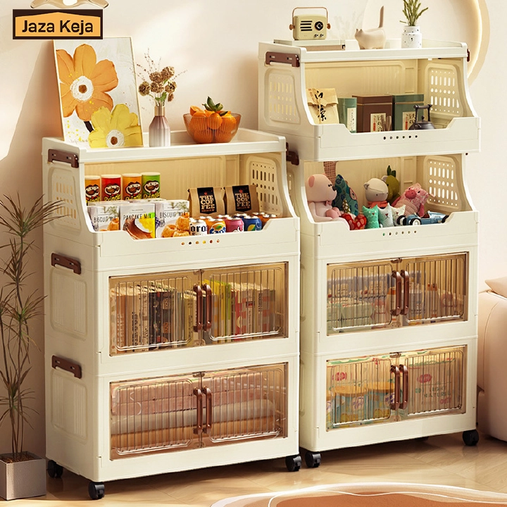 [New]Jaza Keja Stackable Storage Bins with Lids Rack 4 Tier Large Capacity Foldable Storage Cabinet Clear Collapsible Pantry Organizer for Home, Kitchen, Bathroom, Dorm, Office