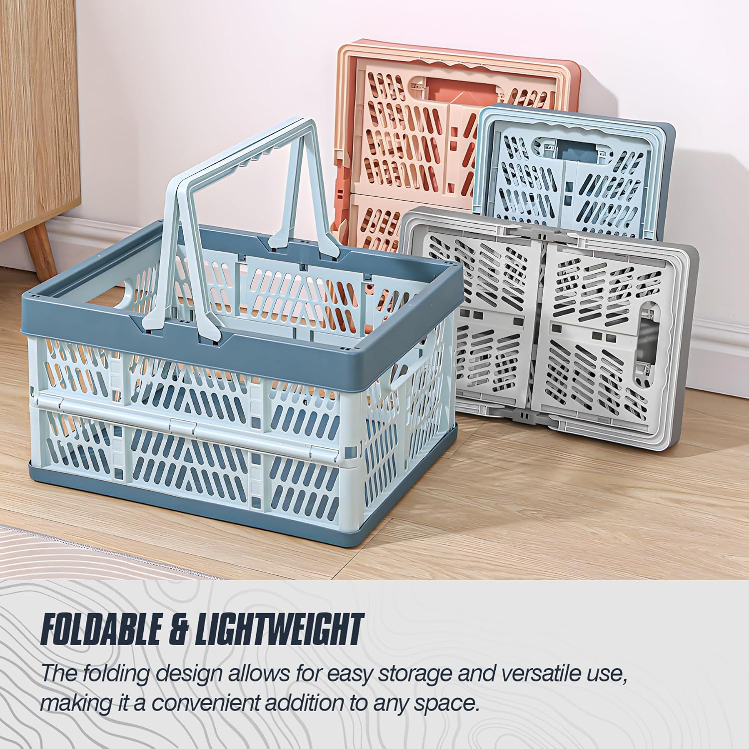 [New]Jaza Keja 20L 30L Plastic Collapsible Crate with Handle Stackable Grocery Shopping Baskets Organizer Container for Car Home Pinic Classroom Kitchen Bathroom