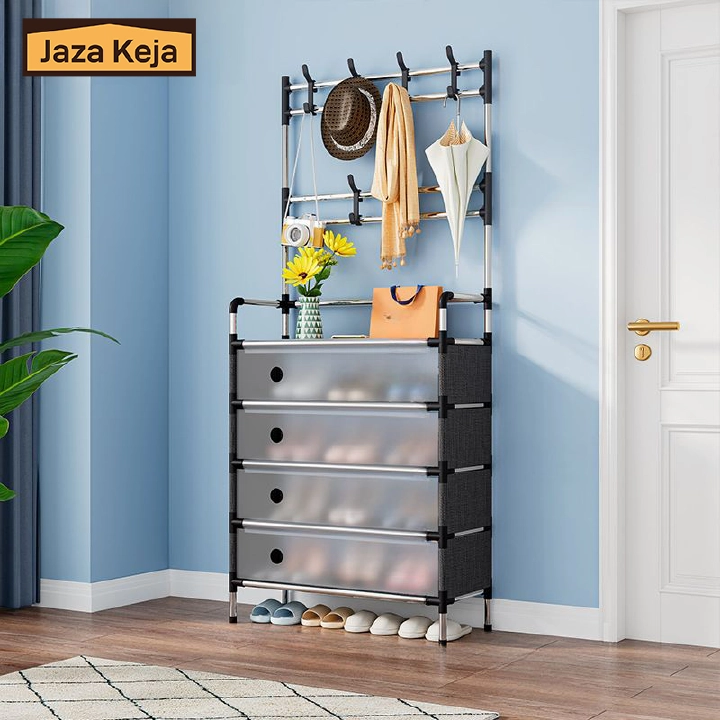 [New]Jaza Keja Upgraded 63cm 4 5 Layer Shoe Shelf Coat Hat Rack with Dustproof Cover for Closet Entrance Shoe Rack Organizer with Hooks Entryway Shoe Holder Space Saving Free Standing