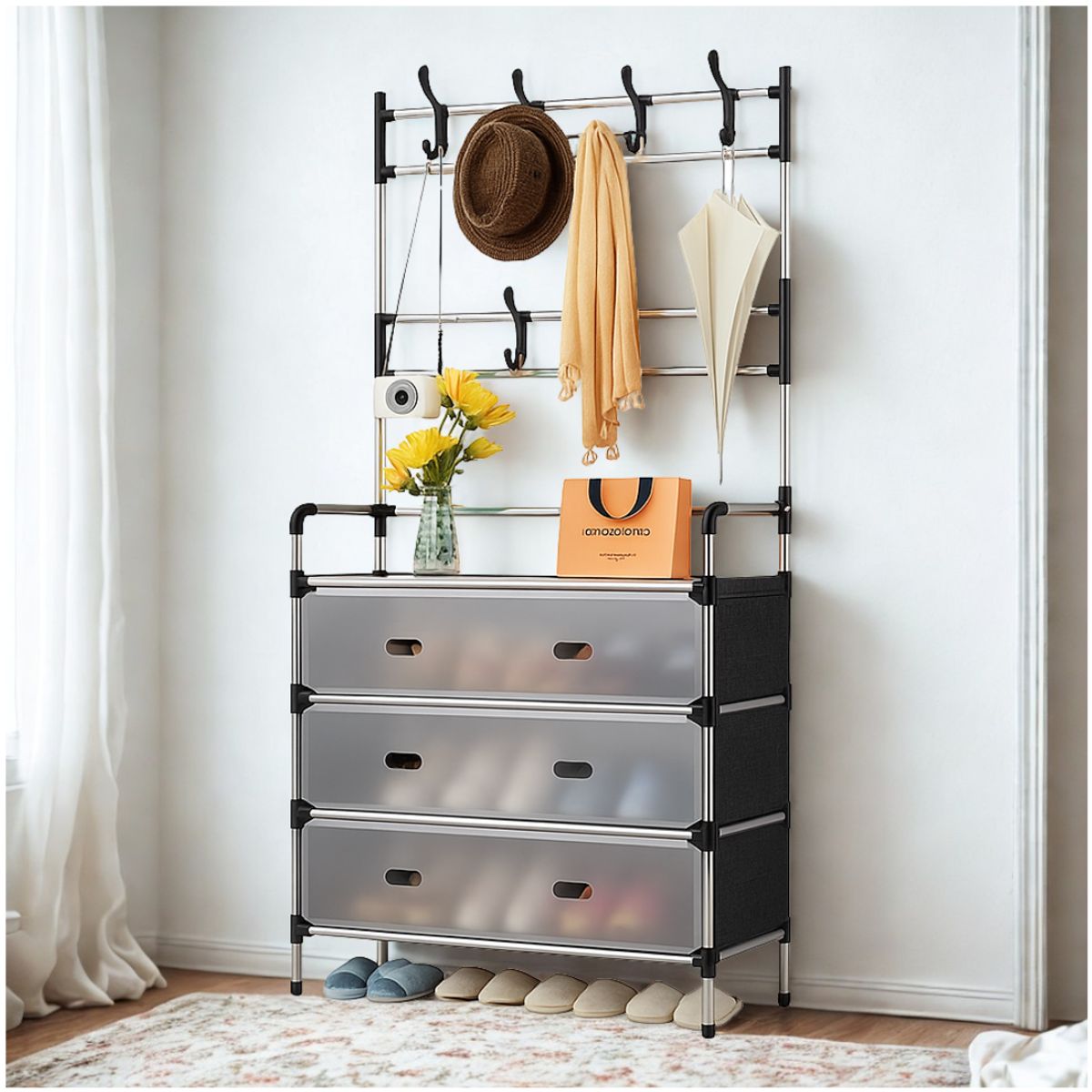 [New]Jaza Keja Upgraded 63cm 4 5 Layer Shoe Shelf Coat Hat Rack with Dustproof Cover for Closet Entrance Shoe Rack Organizer with Hooks Entryway Shoe Holder Space Saving Free Standing