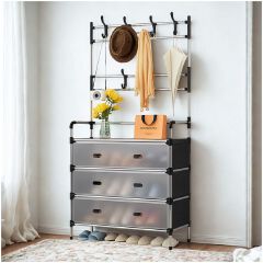 [New]Jaza Keja Upgraded 63cm 4 5 Layer Shoe Shelf Coat Hat Rack with Dustproof Cover for Closet Entrance Shoe Rack Organizer with Hooks Entryway Shoe Holder Space Saving Free Standing