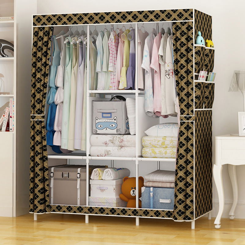 [Aniversary Sale]Jaza Keja 105cm 3 Columns T Zip Portable Wardrobe Black Gold Closet Clothes Metallic Organizer Non-Woven Fabric Cover with 6 Storage Shelves 2 Hanging Sections