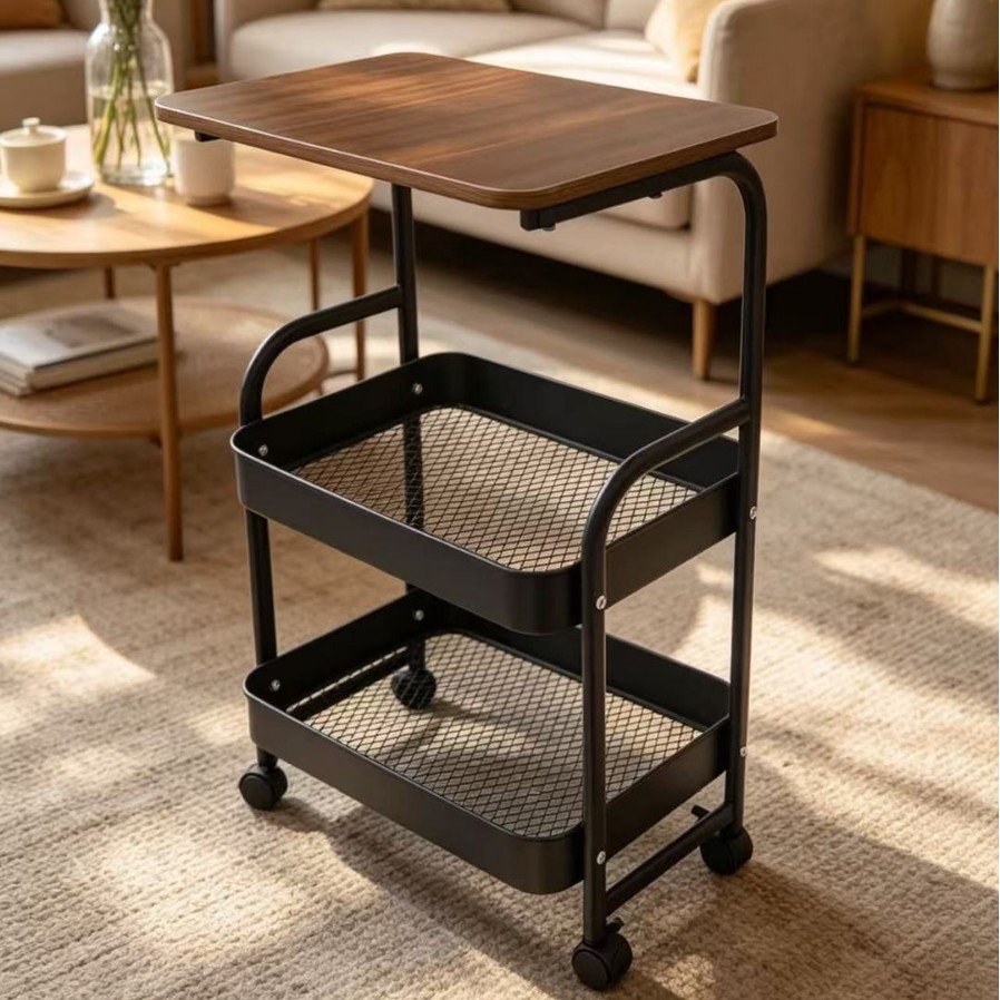 [New]Jaza Keja 3 Layer Rolling Storage Cart with Wooden Desktop-Versatile Metal Organizer ForKitchen Office Organizer Storage Cart,Standing Shelf