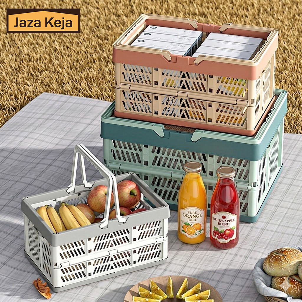 [New]Jaza Keja 20L 30L Plastic Collapsible Crate with Handle Stackable Grocery Shopping Baskets Organizer Container for Car Home Pinic Classroom Kitchen Bathroom