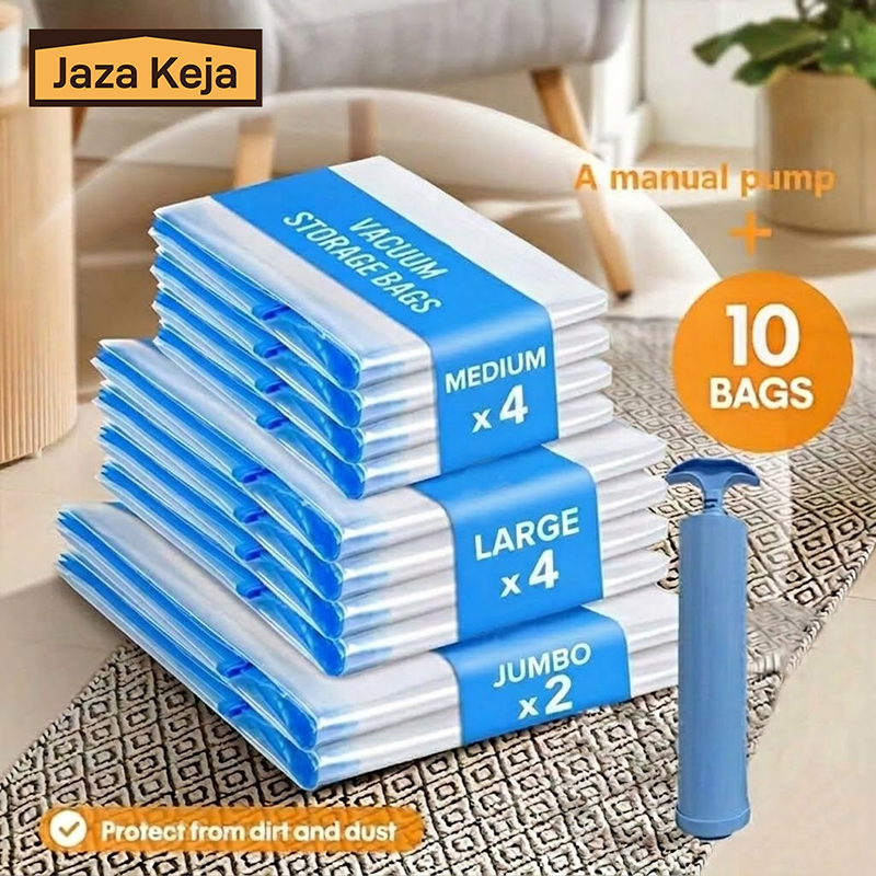 [New]Jaza Keja 10PCS Vacuum Compression Bag with Portable Hand Pump Medium Large Jumbo Clothing Quilt Storage Bag Large Suit Household Pumping Clothes Finishing Bag for Bedding Clothes Travel
