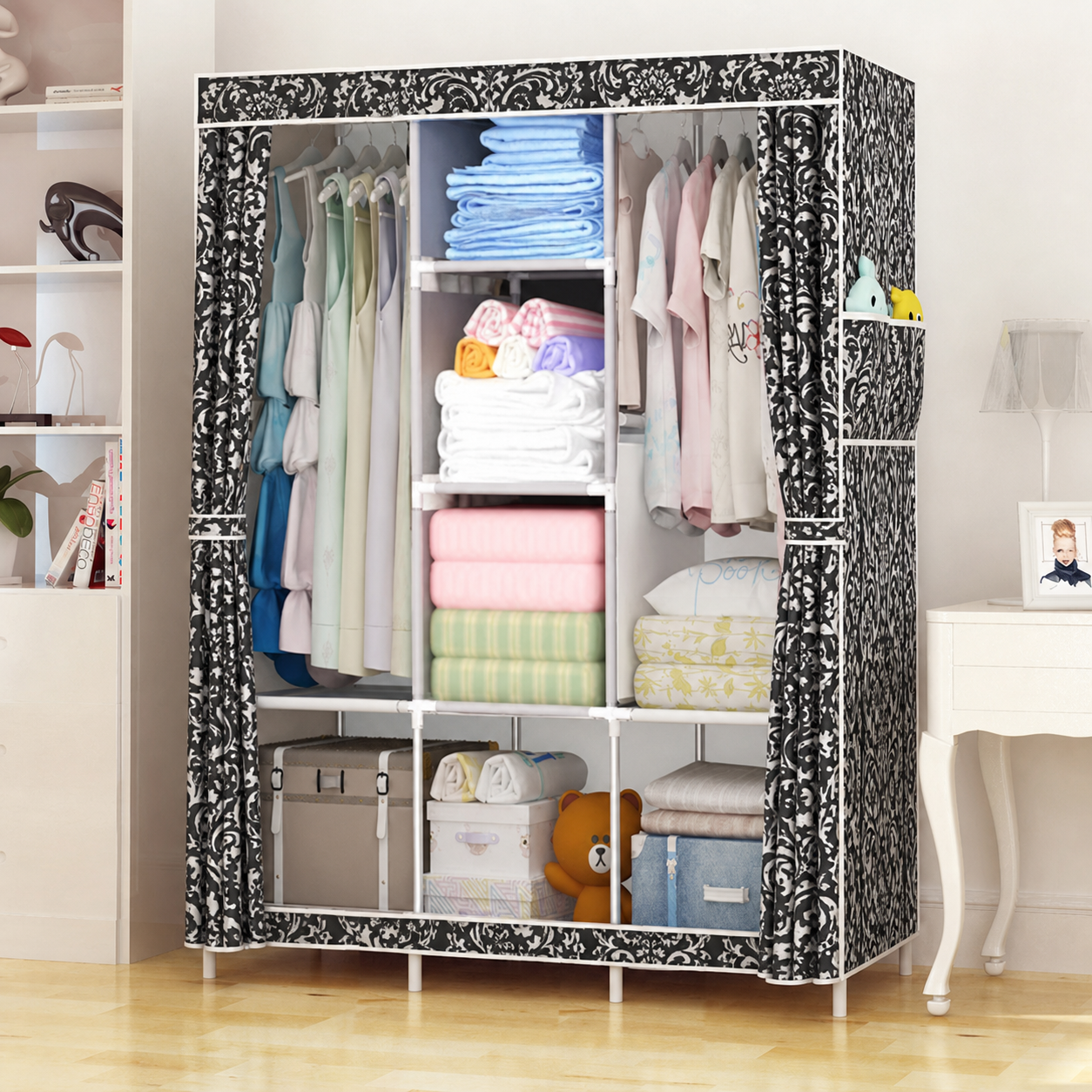 [Sale]Jaza Keja 105cm 3 Columns T Zip Portable Wardrobe Black Gold Closet Clothes Metallic Organizer Non-Woven Fabric Cover with 6 Storage Shelves 2 Hanging Sections