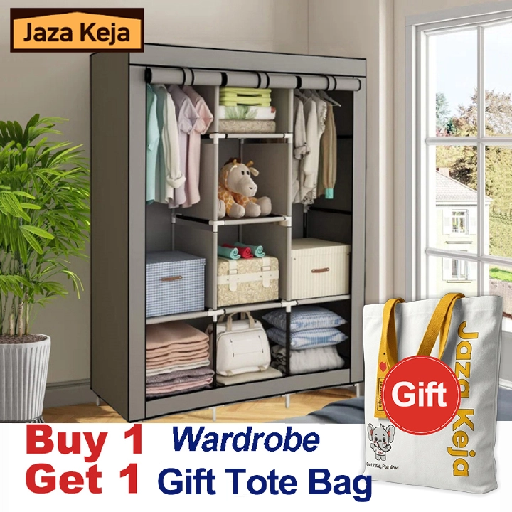 [Sale]Jaza Keja 3 Columns 130 DIY Large Capacity Metallic Wardrobe Assemble Closets Portable Home Storage with Rolling Door Gift