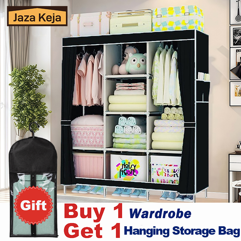 [Sale]Jaza Keja 3 Columns 130cm Assemble Closets Portable Metallic Cloth Wardrobe with T-shaped Zipper & Velcro Gift