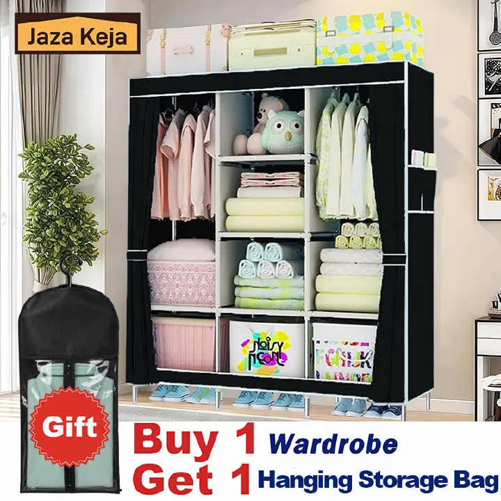 [Sale]Jaza Keja 3 Columns 130cm Assemble Closets Portable Metallic Cloth Wardrobe with T-shaped Zipper & Velcro Gift