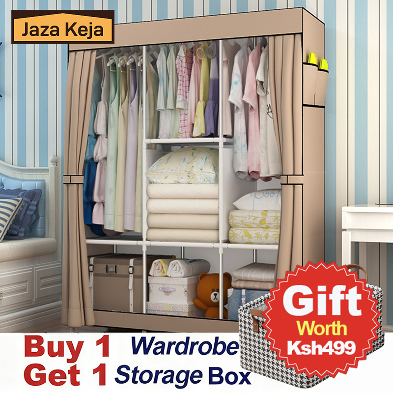 [Sale]Jaza Keja 105cm Portable 3 Columns Wardrobe Closet Clothes Metallic Organizer Non-Woven Fabric Cover with 6 Storage Shelves 2 Hanging Sections Gift