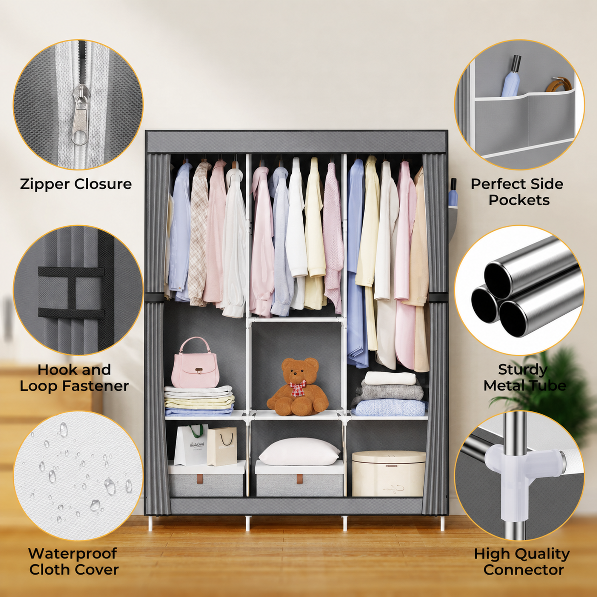 [Sale]Jaza Keja 105cm Portable 3 Columns Wardrobe Closet Clothes Metallic Organizer Non-Woven Fabric Cover with 6 Storage Shelves 2 Hanging Sections Gift