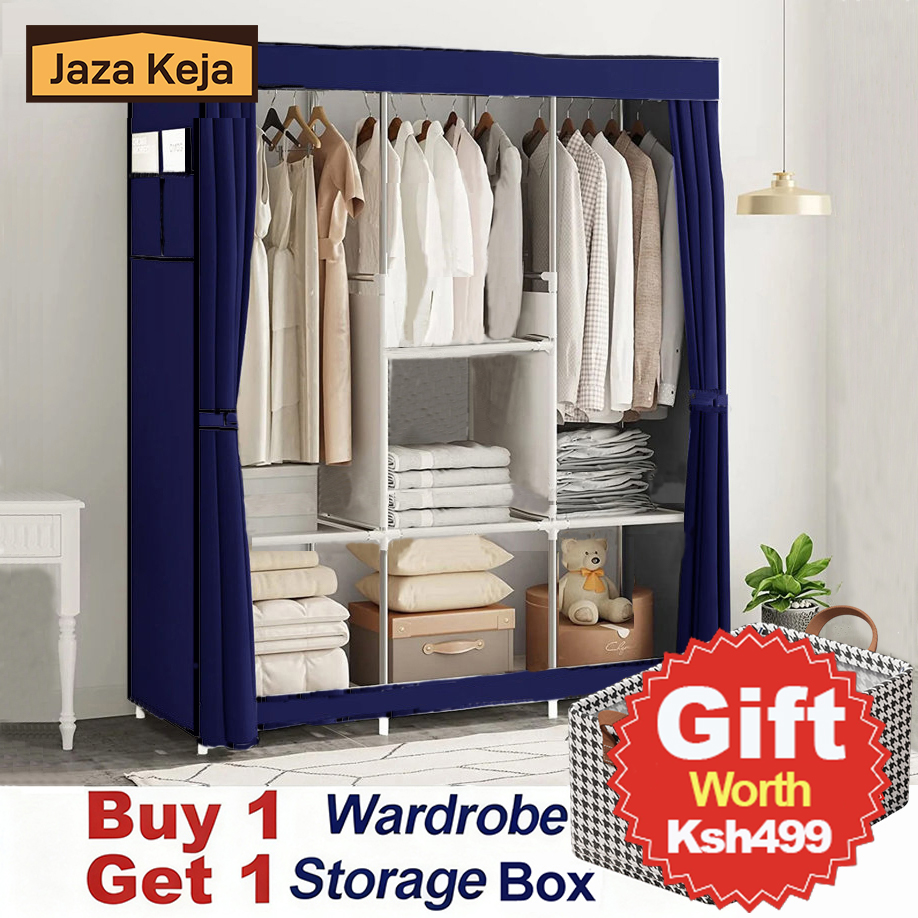 [Sale]Jaza Keja 105cm Portable 3 Columns Wardrobe Closet Clothes Metallic Organizer Non-Woven Fabric Cover with 6 Storage Shelves 2 Hanging Sections Gift