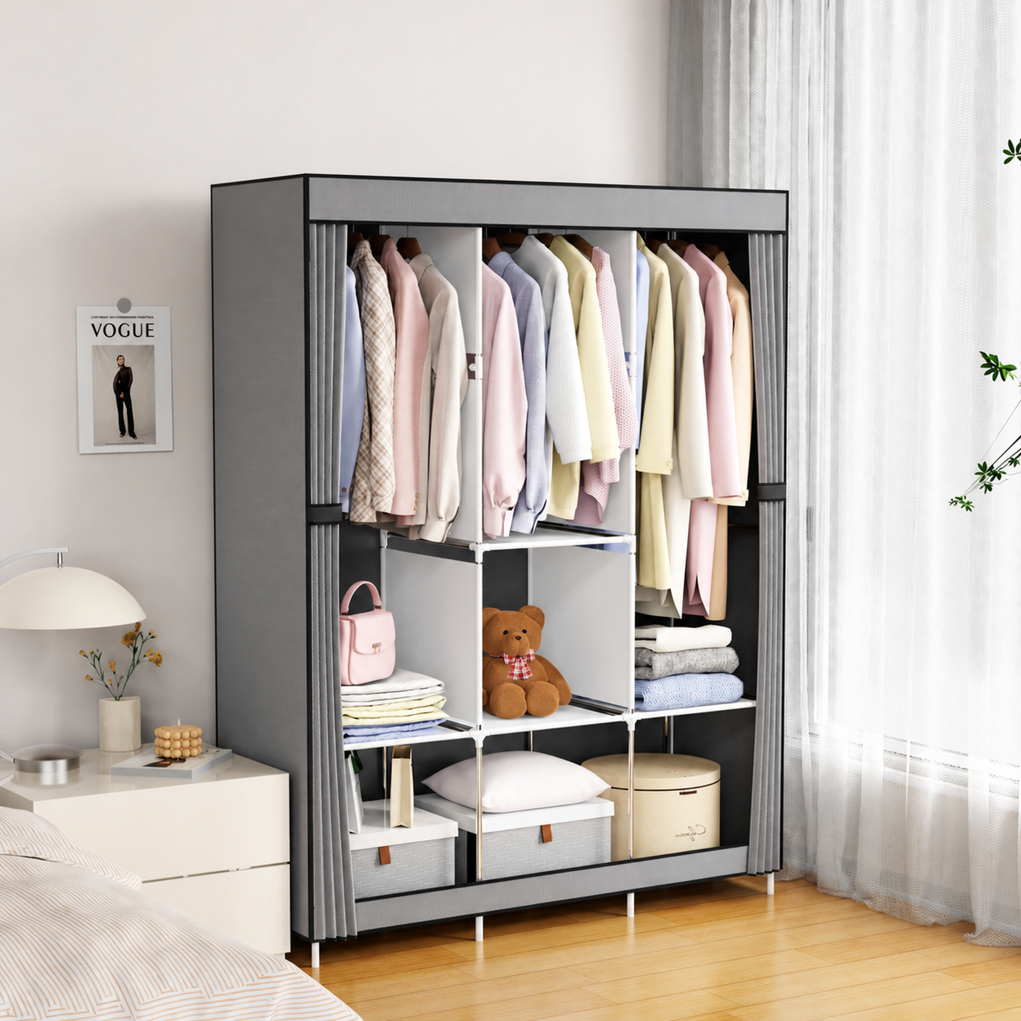 [Sale]Jaza Keja 105cm Portable 3 Columns Wardrobe Closet Clothes Metallic Organizer Non-Woven Fabric Cover with 6 Storage Shelves 2 Hanging Sections Gift
