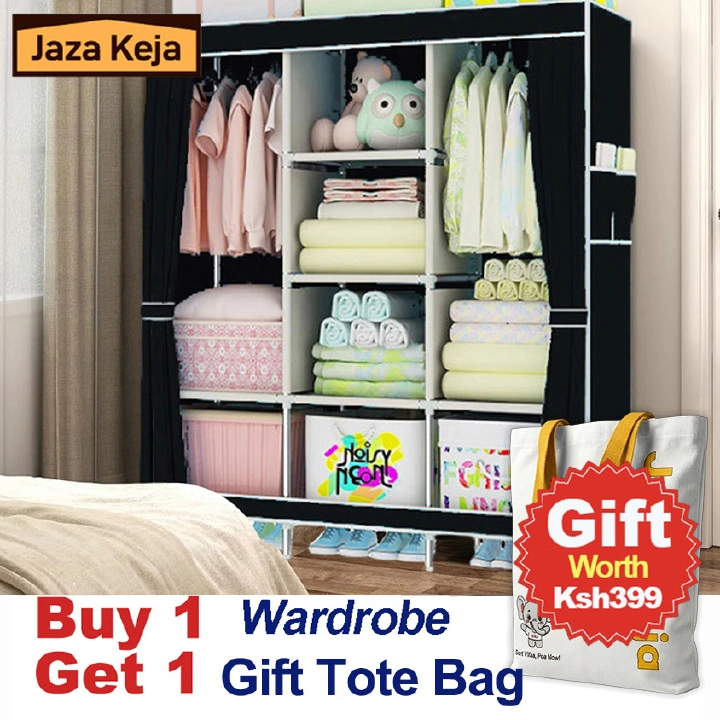 [Sale]Jaza Keja 3 Columns 130cm Assemble Closets Portable Metallic Cloth Wardrobe with T-shaped Zipper & Velcro Gift