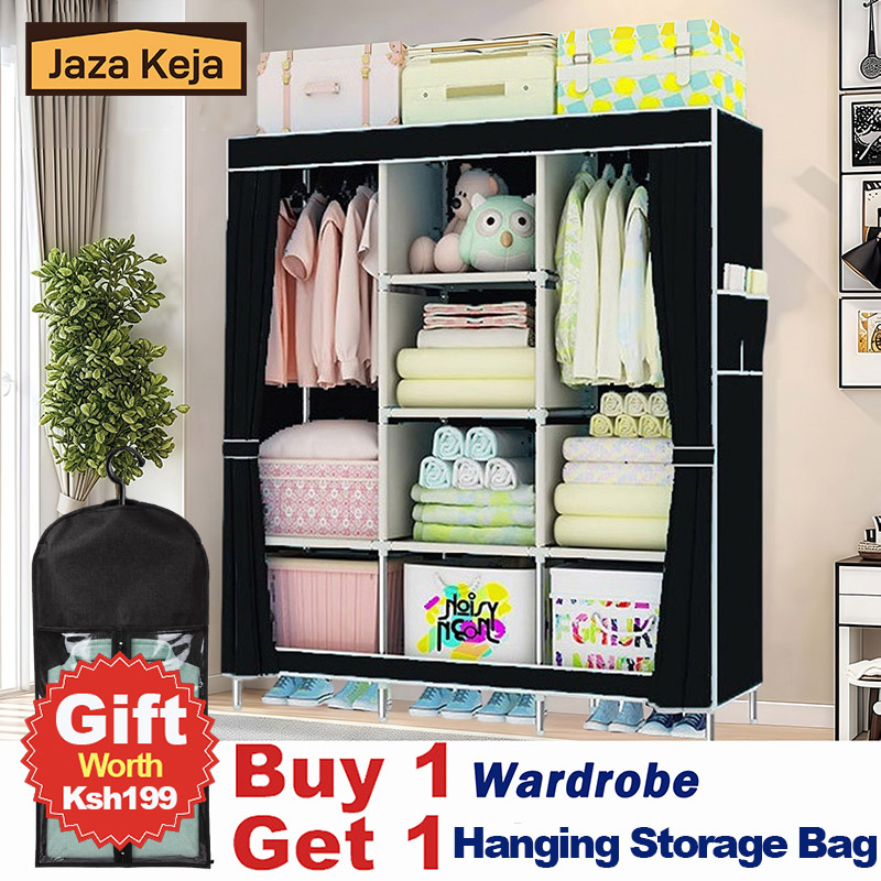 [Sale]Jaza Keja 3 Columns 130cm Assemble Closets Portable Metallic Cloth Wardrobe with T-shaped Zipper & Velcro Gift
