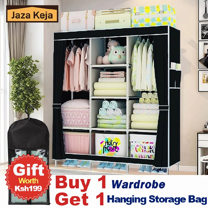 [Sale]Jaza Keja 3 Columns 130cm Assemble Closets Portable Metallic Cloth Wardrobe with T-shaped Zipper & Velcro Gift